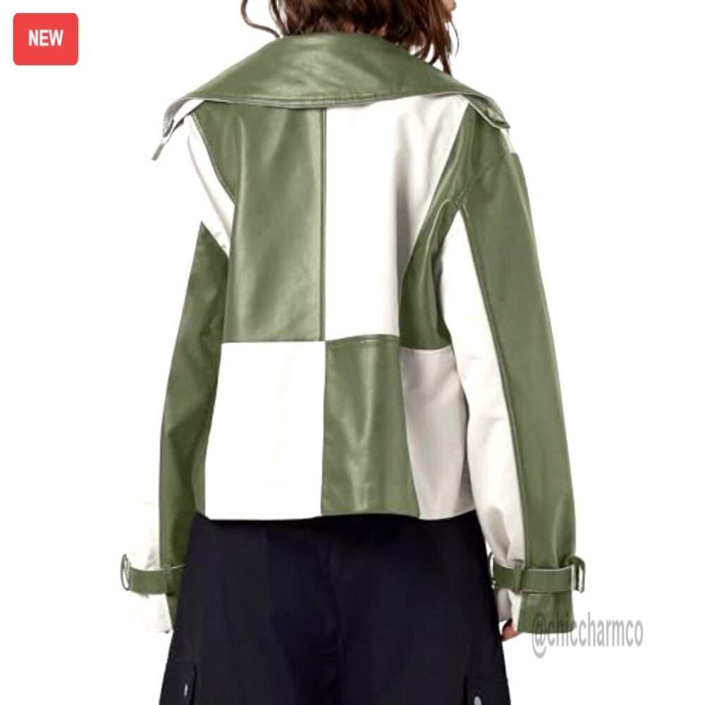Oversized Cropped Leather Jacket with Color Block Design, Side Pockets - Picture 5 of 7